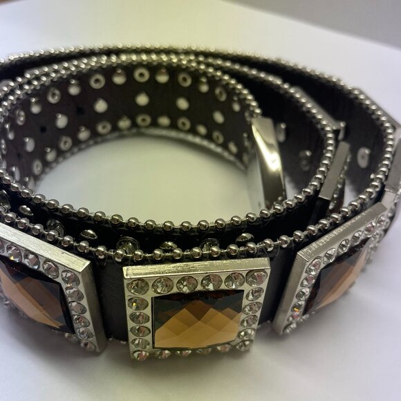 BHW Western Amber Bling Cowgirl Belt Gen Leather Sz L 36-38 Brown Silver Rodeo - Picture 3 of 16